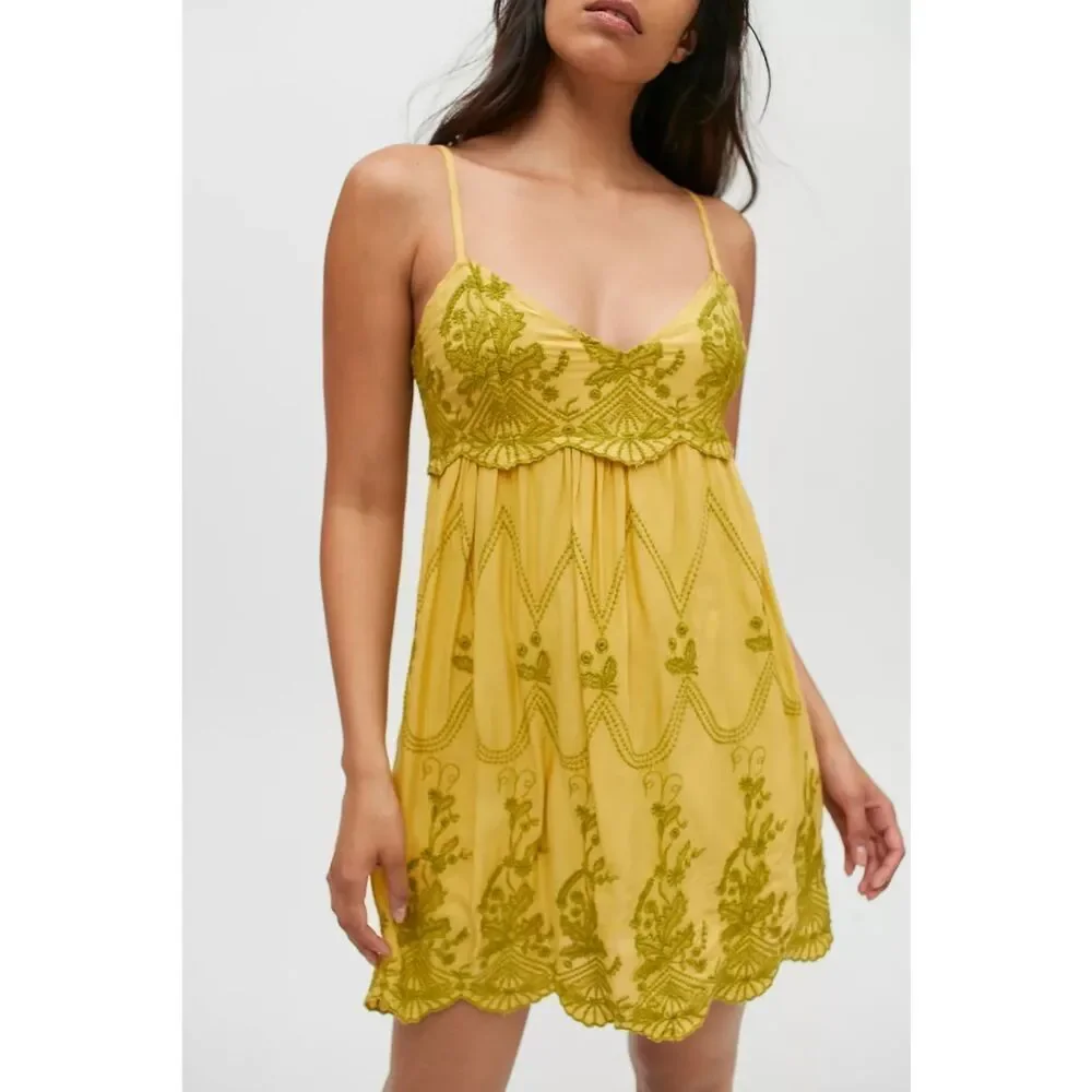 Urban Outfitters Jamie Embroidered Babydoll Mini Dress Large Yellow Festival